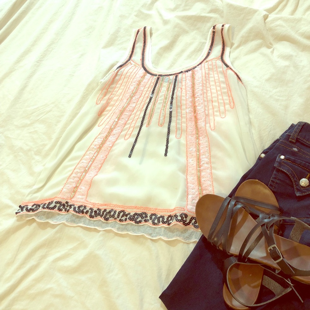 ✨Sheer white cream tank top with sequin designs✨
